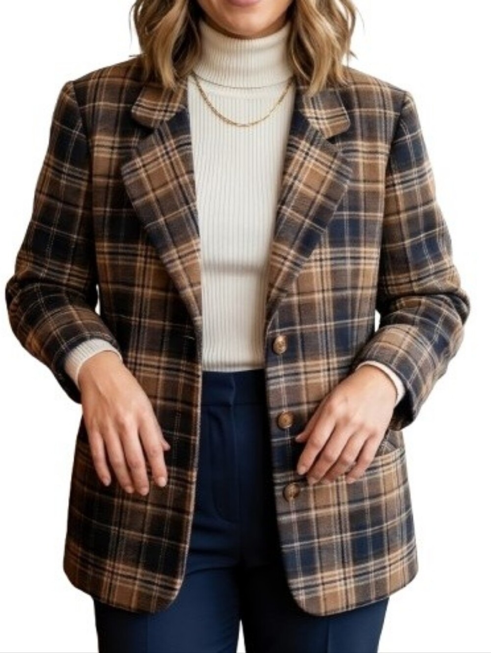 White Stag VTG Brown Tartan Plaid Blazer Button-Up Pockets Grandma Grandpa